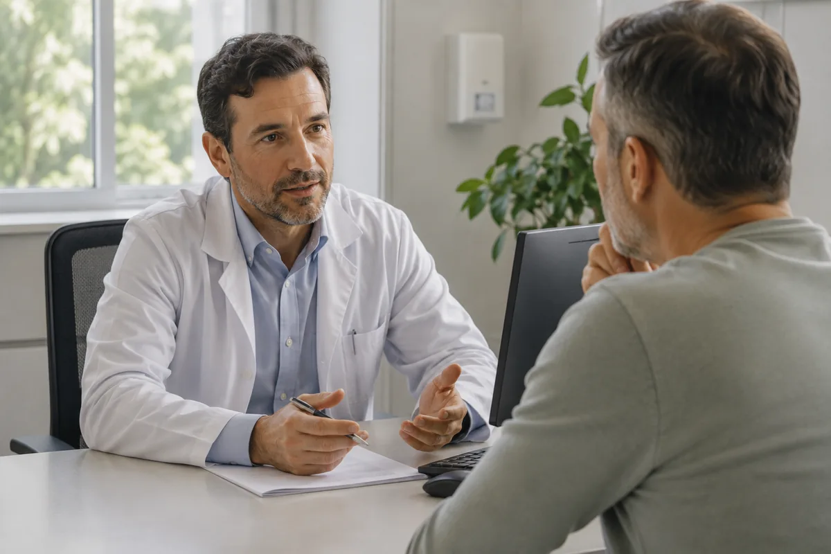 Médico explicando resultados a un paciente en la consulta