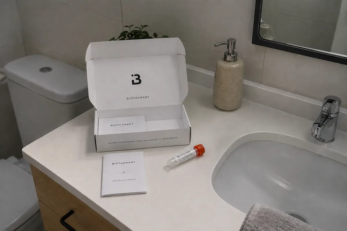 Test de Biotasmart y sus instrucciones sobre la encimera del baño