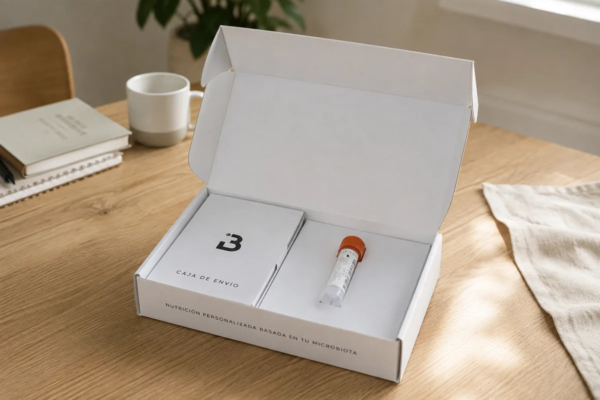 Test de Biotasmart abierto sobre la mesa de casa, junto a una taza y un cuaderno