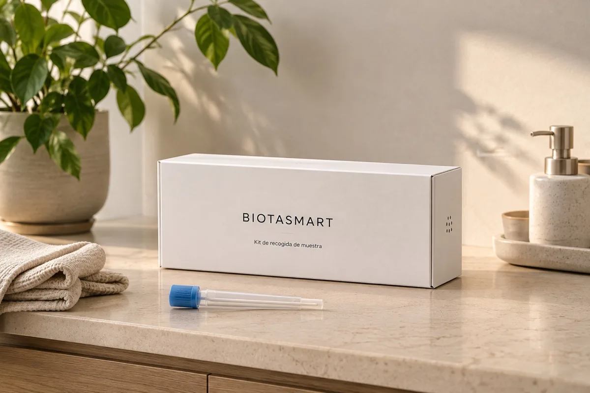 Test de microbiota vaginal Biotasmart sobre la encimera del baño