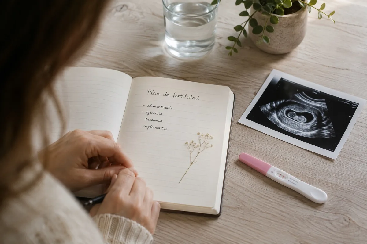 Cuaderno con un plan de fertilidad escrito a mano junto a una ecografía