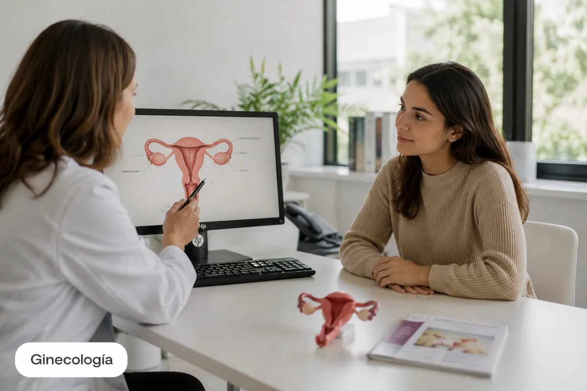 Ginecóloga explicando la anatomía a una paciente durante la consulta
